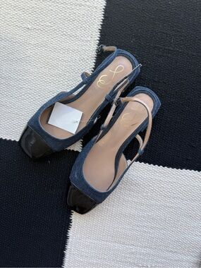 Sam Edelman Kara Navy Denim Slingback Flats with Black Patent Toe